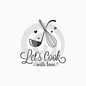 Cook with love lettering. Ladle with whisk logo