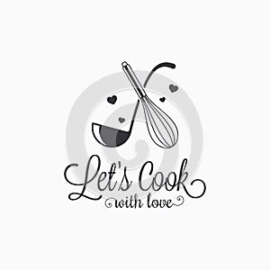 Cook with love lettering. Ladle with whisk logo photo