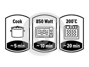 Cook minutes vector icon. minutes cooking in boiling saucepan, microwave watt and oven cooker temperature, food cook photo