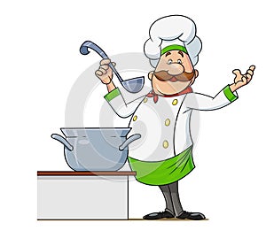 Cook with moustache and spoon. Cartoon character. Vector illustration.