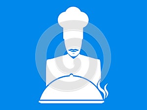 Cook. Mustachioed chef with a dish icon on a blue background. Vector