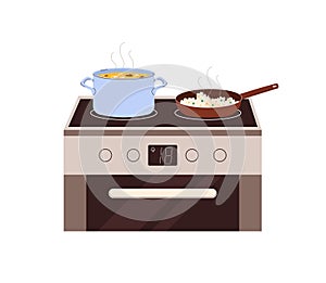 Cook pan and pot with preparing dishes on electric stove