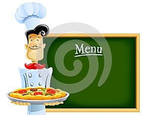 Cook with pizza and menu photo