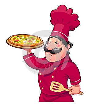 Cook with pizza. Traditional italian food. Cartoon character
