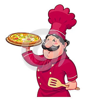 Cook with pizza. Traditional italian food. Cartoon character photo