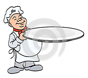 cook with a plate - chef holding a big empty tray, cartoon color vector illustration