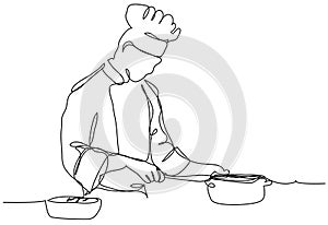 The cook prepares the dish in one line on a white background.