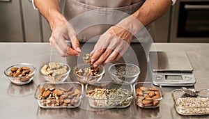 Cook preparing diabeticfriendly snacks with precise portioning of nuts and seeds on a stainless steel counter background