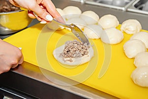 Cook puts the filling in meat pies. Chef`s hands make meat pies, close-up