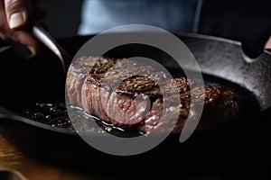 Cook Searing Tender Steak On Castiron Skillet Closeup. Generative AI