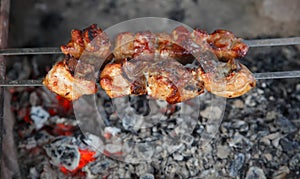 Cook shish kebab on skewer under hot coal
