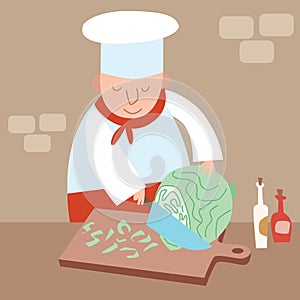 Cook shreds cabbage restaurant kitchen