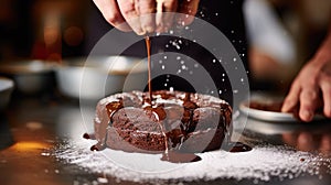 Cook slicing a Molten Chocolate cake into slices