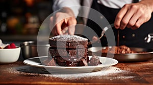 Cook slicing a Molten Chocolate cake into slices