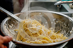 cook straining pasta over a sink
