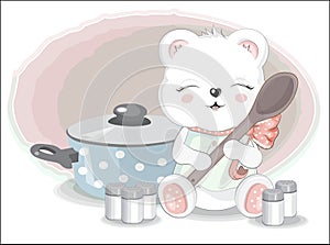Cook Teddy bear with spoon and spices and pan