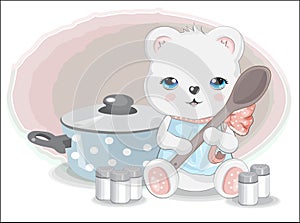 Cook Teddy bear with spoon and spices and pan
