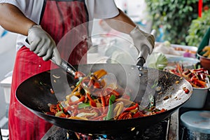 cook tossing stirfry in a wok at a stall