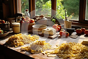 Cook tradition spaghetti tagliatelle cuisine kitchen uncooked background italian food pasta rustic