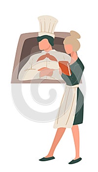 Cook and waiter with menu, restaurant staff vector