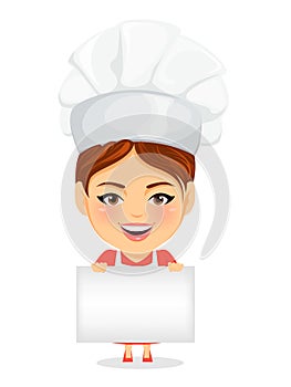 Cook woman, female master chef. Funny cartoon character with big head holding blank sign or banner.