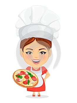 Cook woman, female master chef. Funny cartoon character with big head holding tasty pizza.