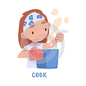 Cook Word, the Verb Expressing the Action, Children Education Concept, Cute Girl Cooking in the Kitchen Cartoon Style