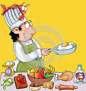 the cook with a yellow background and food colored illustration humorist button or icon for website