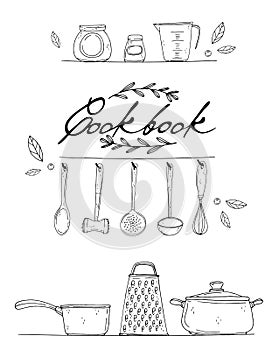 Cookbook cover with hand drawn kitchenware, spice and lettering on a white background