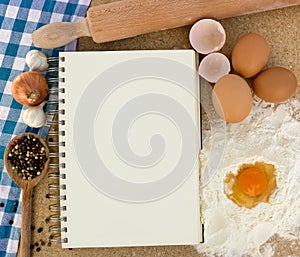 Cookbook with ingredients for baking
