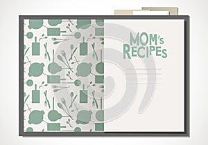 Cookbook with mom`s recipes. Wooden spoon and fork and bay leaves