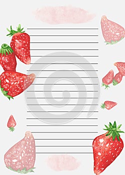 Cookbook page template. The page is lined up. Watercolor recipe page with strawberry decor. Page for culinary book. Page