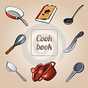 Cookbook set, eight vector icons of dishes