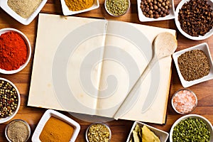 Cookbook and various spices and herbs. photo