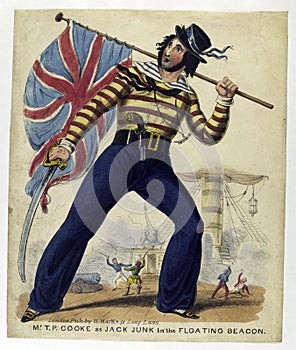 Cooke as Jack Junk in the Floating Beacon. Old America vintage photograph. Illustration of an English Sailor with Flag of Great