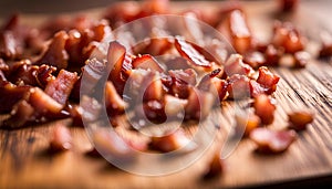 cooked bacon bits on wooden chopping board