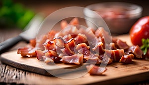 cooked bacon bits on wooden chopping board