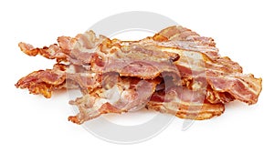 Cooked bacon rashers close-up isolated on a white background. photo