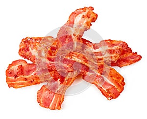 Cooked bacon rashers close-up on a white background photo