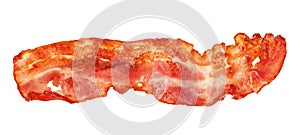 Cooked bacon strip close-up isolated on a white background.