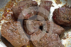 Cooked beef sirloin tips in frying pan