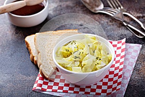 Cooked cabbage in a foam bowl