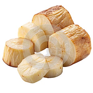 Cooked Cassava Root Pieces Isolated on White Background