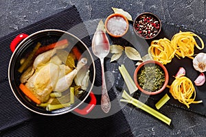 Cooked chicken bouillon of whole chicken in pot