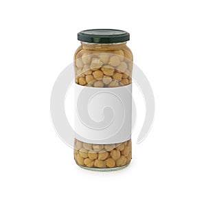 Cooked chickpeas glass with blank label on a white background