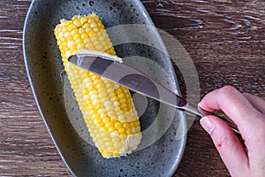 Cooked corn on the cob on a gray dish, womanâ€™s hand with knife spreading butter