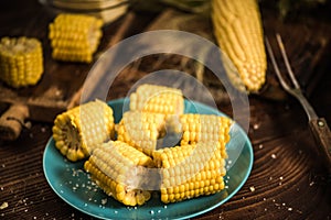 Cooked corn on the cob with salt and butter