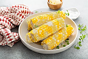Cooked corn on the cob with salt and butter