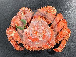 Cooked crab on a black background.