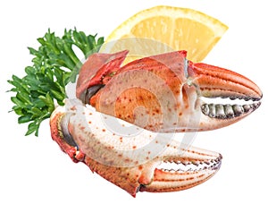 Cooked crab claws with lemon and herbs.